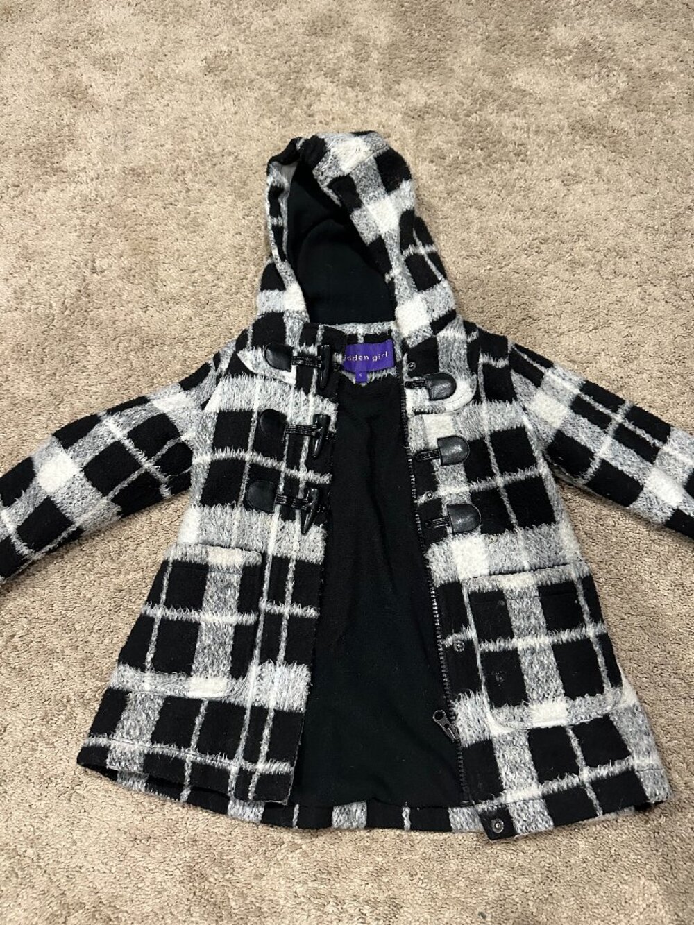 Madden Girl Girls Size 4 Plaid Toggle Coat Black White Hooded Fleece Lined